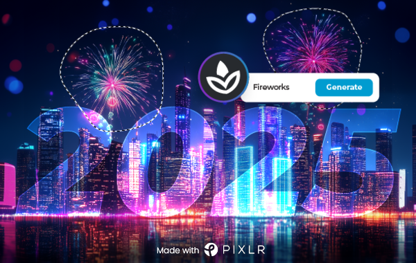 Fireworks over a city skyline with glowing numbers 2025 and a Pixlr logo.